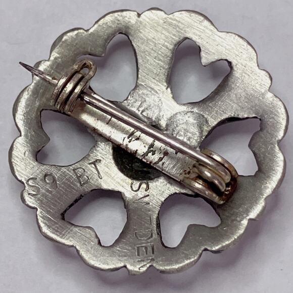 VTG Signed S9 BT Sweden Pewter Brooch 1968 Silver Tone Rosette Scandinavian Pin - Picture 6 of 8